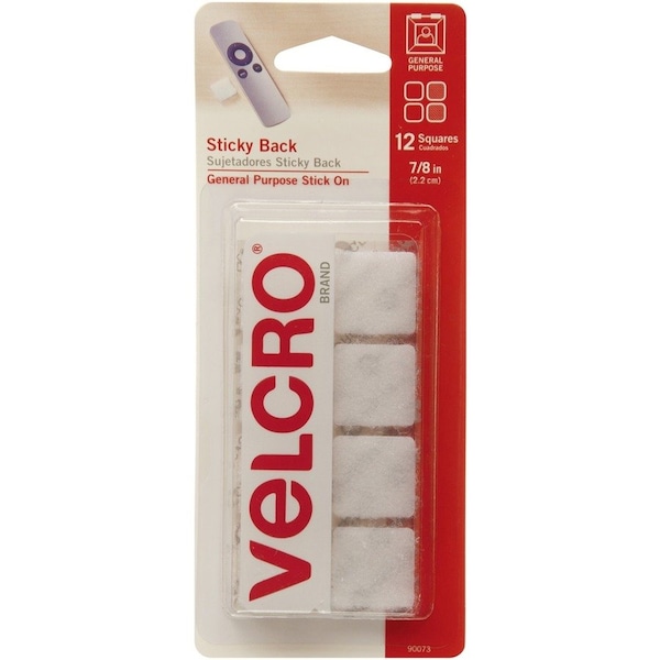 Velcro Brand Reclosable Fastener Shape, Square, Acrylic Adhesive, 7/8 in, 7/8 in W, White, 20 PK VEK90073 - main